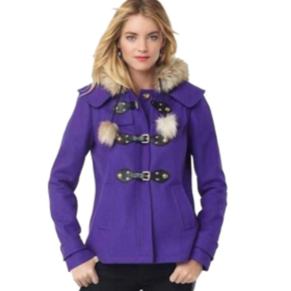Juicy Couture Purple Fur Hooded Wool Jacket